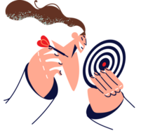 Woman with target and dagger wants to achieve goal in business or personal life. Concept being ambitious and striving to achieve challenging goals in career or building own successful company png