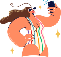 Woman in swimsuit taking selfie or call on phone while relaxing in hot resort. Girl in swimsuit enjoys sunbathing on beach of tropical island and takes selfie to share photos on social networks png