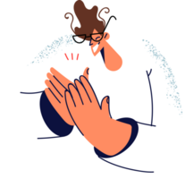 Man claps and applauds to support successful colleagues for outstanding business achievements. Man with sly smile rubs hands with mean intentions and wanting to commit immoral act. png