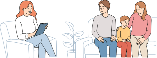 Family conversation with psychologist for parents and child in need of normalization of relationships. Family psychologist and spouses with son sitting on sofas, consulting about future of kid png