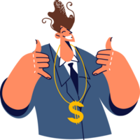 Confident business man with dollar shaped necklace is proud of status in society and makes shaka gestures. Guy works as boss in big business is proud of high salary in managerial position png