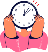 Woman hides face behind watch to show tiredness from regular overwork and overload due to strict deadlines. Concept time management at work to avoid overwork and optimize business processes png