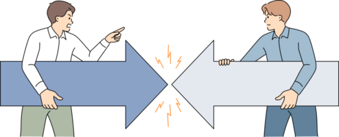 Confrontation business people arguing about company strategy and holding arrows pointing in different directions. Confrontation of office clerks experiencing aggression due to lack of command in team png