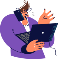 Busy man is talking on phone with client and holding laptop working as sales manager in large corporation. Manager guy is overworked due to lack of qualified staff and needs assistant png