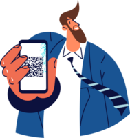 Man with mobile phone shows QR code to scan and gain access to event or quick cashless payment for purchase. Guy in business suit recommends downloading application for QR verification via phone png
