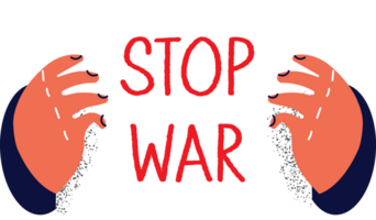 Stop war poster near flag of Ukraine symbolizing cessation of hostilities and start of peace negotiations. Text stop war in hands calling for end to conflict with fighting between Ukraine and Russia png
