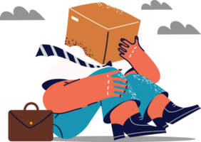 Fallen man with cardboard box on head for concept of disorientation and lack of strategy for company. Man in business clothes sits on ground hiding face behind box and delivery service png