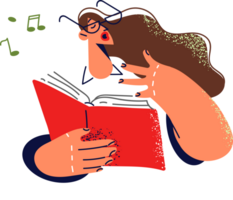 Woman vocalist holds book with notes and sings exercising vocal cords before participating in opera house concert. Girl wants to become singer and attends vocal lessons to learn sing png