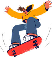 Man with skateboard jumps up doing trick on sports ground, enjoys adrenaline rush from riding board. Energetic guy with skateboard, for concept of active lifestyle and hobby for teenagers png