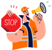 Man builder with stops sign shouts into megaphone warning people of danger due to road repair or construction. Guy road worker stops movement of cars and urges to slow down in dangerous area png