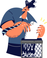 Businessman uses shredder to shred documents and looks away in fear hiding results secret report. Man office worker stands near shredder getting rid of evidence pointing to mistake that caused losses. png