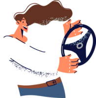 Woman with wheel drives invisible car for concept taking driving courses and lessons for license. Girl dreams buying own automobile or getting driving license and visualizes plans to achieve goals. png