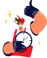 Worker in medical mask holds clock and shows thumbs up approve imposition of lockdown or quarantine. Man in overalls welcomes implementation of quarantine due to spread of viral flu png