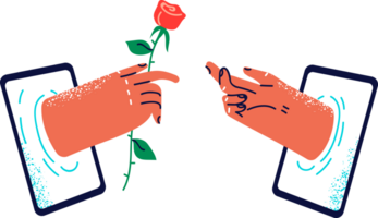 Hand with rose in tablet display metaphor for digital gift and romantic messaging via internet app. Concept of chatting on sites for dating and sending gift in cyberspace or internet flirting png