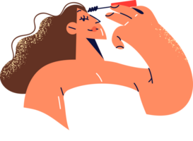 Woman in towel does makeup, applying shadow on eyelashes during morning routine and preparation for work day. Girl does makeup using high-quality cosmetics to prepare for party or going on date png