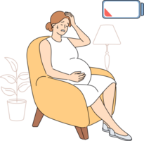 Pregnant woman feels beginning of contractions and end of strength, sitting in home chair waiting for aid. Pregnant girl sweats or cries due to hypersensitivity and difficult upcoming births png