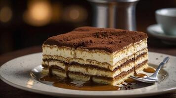 A delicious slice of tiramisu served on a plate with a fork and caramel drizzle. photo