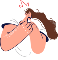 Frightened woman in panic presses hands to chest having made mistake or learned about approach danger. Defenseless frightened girl needs help and protection due to cowardice and inability to resist. png