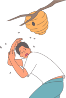 Nest of angry bees above frightened man standing near branch, at risk of anaphylactic shock due to allergies. Guy disturbed wild bees and screams in fear, trying to escape from being stung png