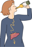 Problem of female alcoholism is girl who drinks beer, which destroys liver and is harmful to health. Concept of female alcoholism caused by monochhich and lack of stable source of income png