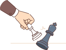 Hand of chess player knocking down king with pawn symbolizes skills of strategic actions in business. Grandmaster plays chess, putting check to opponent who made mistake and lost game png