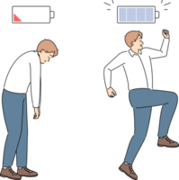 Tired business man turns into energetic clerk, thanks to emergence of motivation. Empty and full battery above heads of guys in office clothes, to demonstrate progress in matter of motivation png