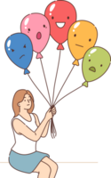Emotional control is practiced by woman holding balloons with positive or negative grimace. Girl uses emotional control methods to avoid mood swings or mental burnout caused by regular stress png