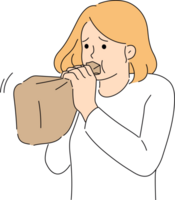 Hyperventilation syndrome in woman breathing into paper bag while trying to stop panic attack. Problem of pulmonary hyperventilation in frightened teenage girl who is afraid of air travel png