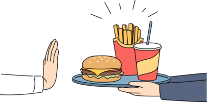 Refusal from fast food and harmful products is demonstrated by hand of man, rejecting tray with burger and soda. Fighting fast food addiction, which causes obesity and digestive problems png