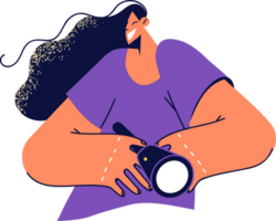 Happy woman with flashlight shines on screen for concept of finding right way solving problems. Cheerful young girl uses electric flashlight to find route in dark during power outage png