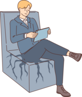 Sedentary business man is rooted to office chair, sitting with electronic tablet in hands. Sedentary clerk experiences problems due to lack of breaks and workaholism that forces him to work endlessly png