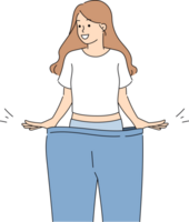 Happy woman lost weight smiles while trying on large size pants and rejoices at progress. Thin lady got rid of waist fat and cellulite thanks to successful diet or fitness training png