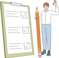 List for task management and giant pencil next to man ticking checkboxes on sheet of paper. Task management is used by office manager to increase productivity and increase chances of success png