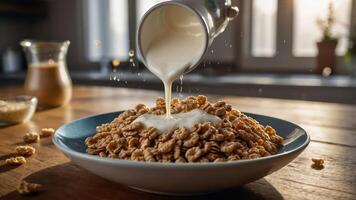 A bowl of cereal with milk being poured, showcasing a cozy breakfast scene. photo