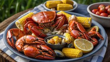 A vibrant seafood platter featuring crab, shrimp, corn, and lemon, perfect for a summer feast. photo