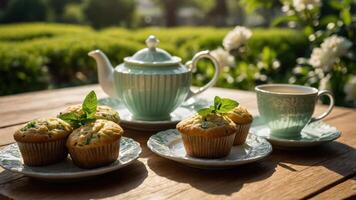 A serene tea setting with muffins and a teapot, perfect for a relaxing afternoon. photo