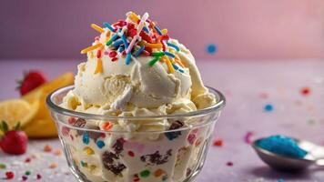 A delightful bowl of ice cream topped with colorful sprinkles and surrounded by fruits. photo