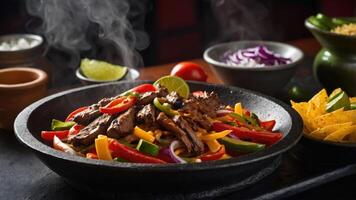 A sizzling platter of fajitas with colorful peppers, onions, and garnishes. photo