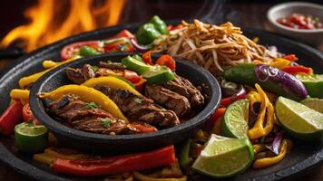 A vibrant platter of sizzling fajitas with grilled meat, peppers, and lime. photo