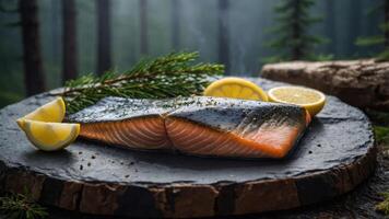 Fresh salmon fillet garnished with lemon slices, set on a rustic wooden surface in a forest. photo