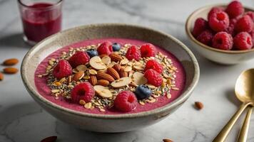 A vibrant smoothie bowl topped with berries, nuts, and seeds, served with a drink. photo