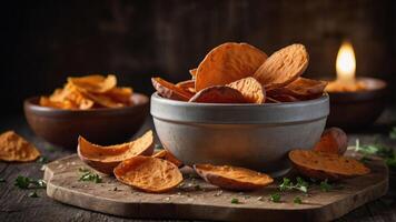 A bowl of sweet potato chips surrounded by additional chips and garnished with herbs. photo