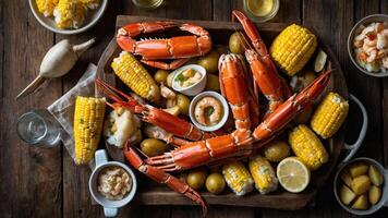 A seafood feast featuring crabs, shrimp, corn, and potatoes on a wooden table. photo