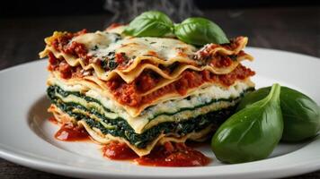 A delicious serving of lasagna with layers of spinach and marinara sauce, garnished with basil. photo