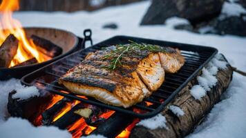 Grilled salmon on a barbecue grill over an open fire in a snowy outdoor setting. photo