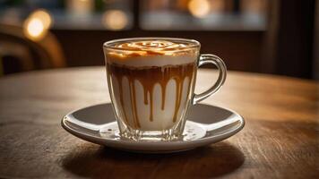 A glass of layered coffee with caramel drizzle on a wooden table. photo