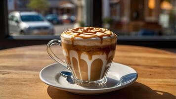 A delicious coffee drink topped with caramel, served in a clear glass on a wooden table. photo