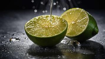 A close-up of halved limes with juice splashing on a dark surface. photo