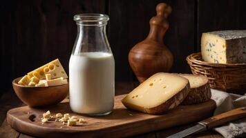 A rustic display of dairy products, including milk, cheese, and bread on a wooden table. photo