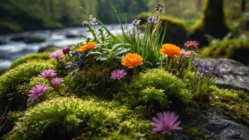 A vibrant display of wildflowers and moss by a river, showcasing nature's beauty. photo